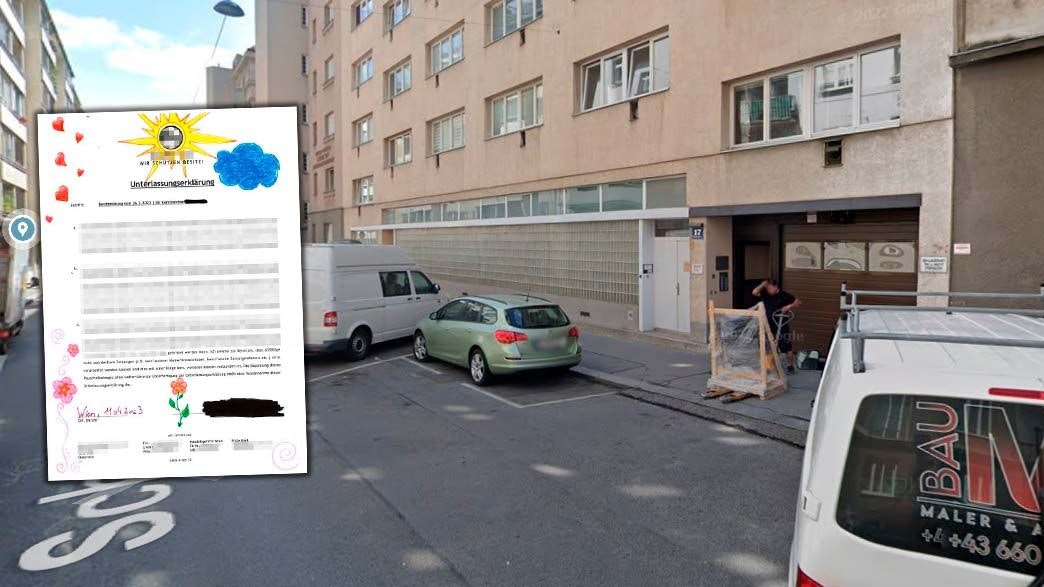 Anna parkte neben dem grünen Auto. Die Unterlassungserklärung gestaltete sie besonders freundlich (li. im Bild).