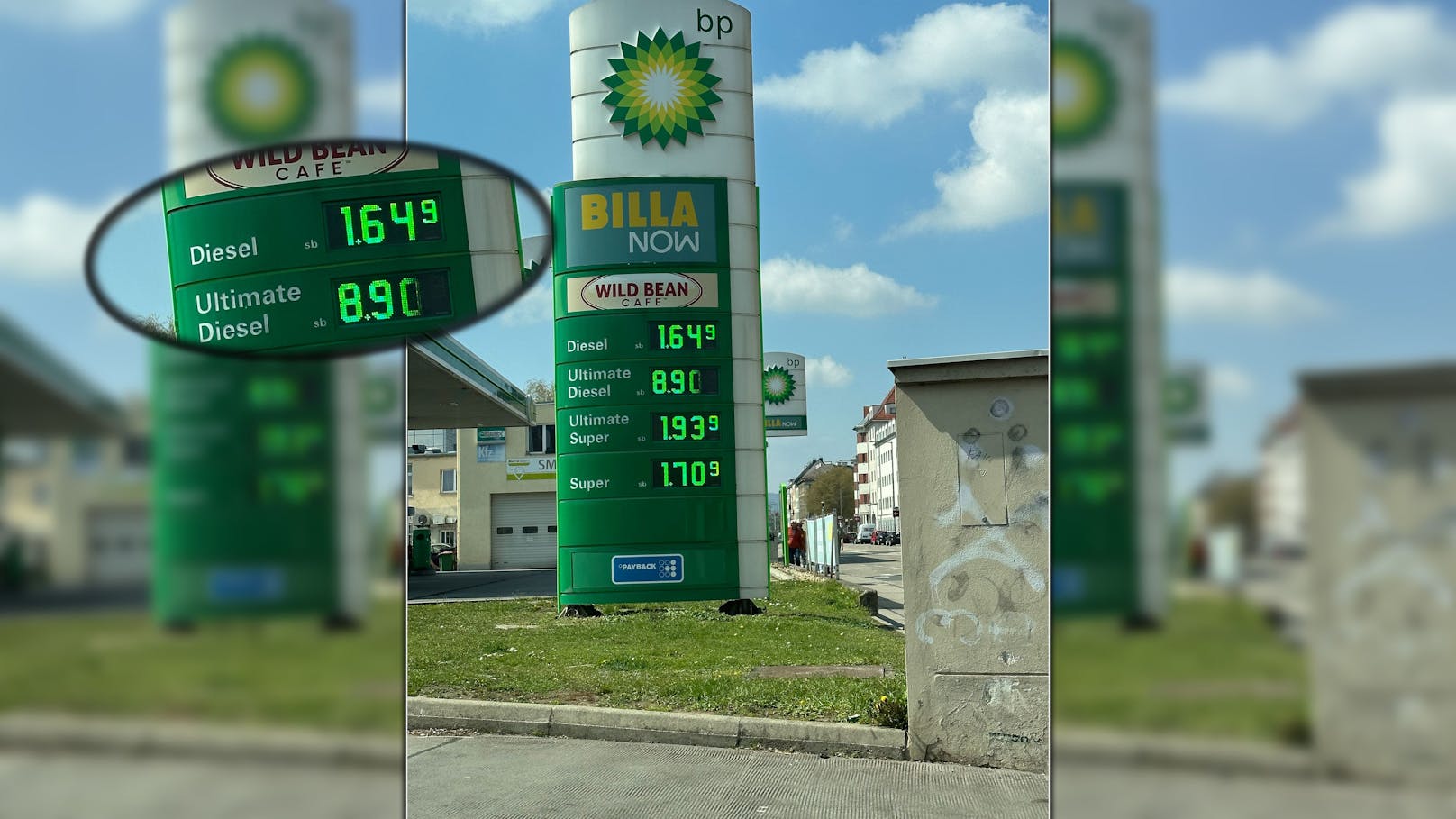 Seit Montag sorgt leuchtet ein dubioser Preis für den "Ultimative Diesel" in einer Meidlinger BP-Tankstelle auf.
