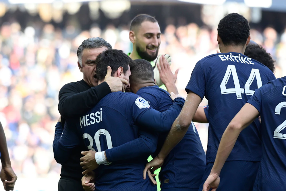 Galtier (l.) mit seinen Superstars Messi und Mbappe.