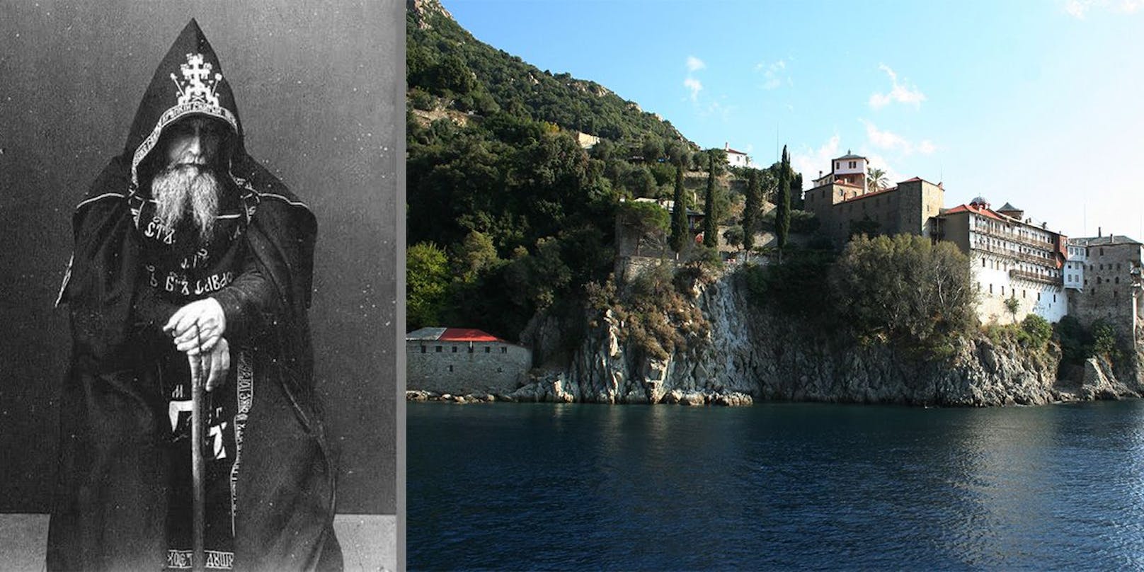 Mihailo Tolotos (li.) verbrachte sein Leben auf dem griechischen Berg Athos im Kloster (re.).