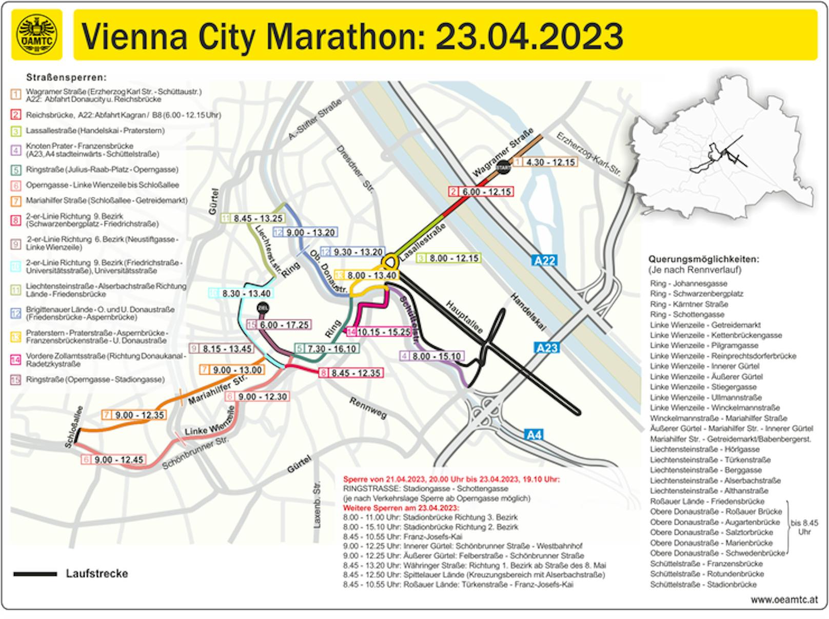 Ein Überblick über die Sperren am Marathon-Sonntag, 23. April 2023.