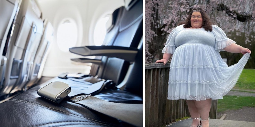 Jaelynn Chaney (re.) fordert in ihrer Petition unter anderem die Bereitstellung größerer Sitze, Sicherheitsgurtverlängerungen und dass allen Plus-Size-Passagieren ein zusätzlicher freier Sitzplatz zur Verfügung gestellt werde – kostenlos.