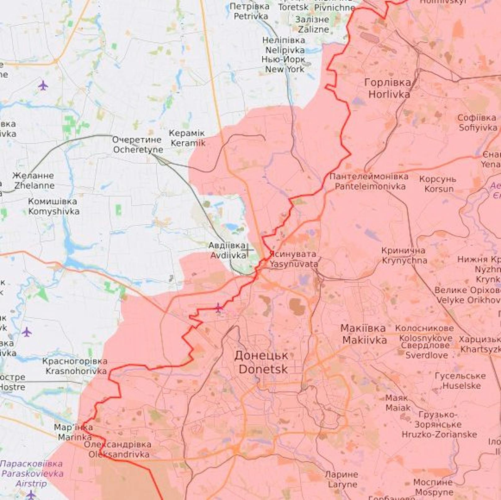 Awdijiwka (eng. Avdiivka; im Zentrum) liegt direkt an der Front, ist ein Vorort der Separatisten-Hauptstadt Donezk (Donetsk). In Rot eingefärbt die russisch besetzen Gebiete.