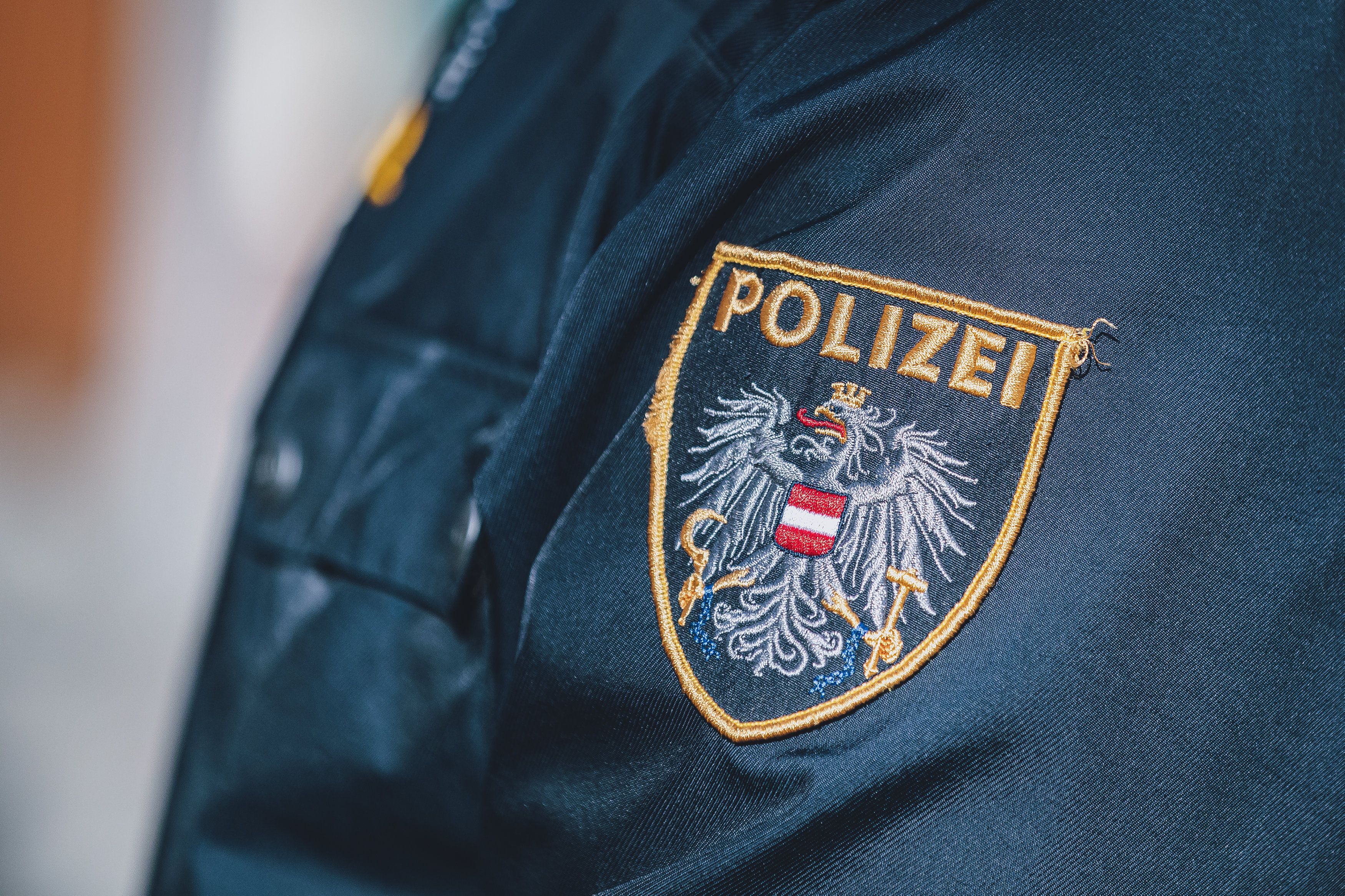 Ein aufgenähtes Polizeiwappen auf einer Polizeiuniform. 