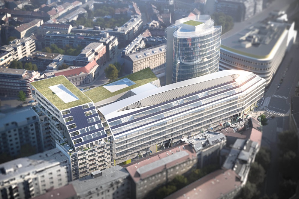 Vio Plaza Geschäftsführer Andreas Harich, Raiffeisenlandesbank OÖ-CFO Reinhard Schwendtbauer, Architekt Peter Podsedensek, Vio Plaza Geschäftsführer Klaus Miroschnitschenko, Meidlings Bezirksvorsteher Wilfried Zankl und PORR AG-CEO Karl-Heinz Strauss (v.l.n.r.) bei der Präsentation der Baufortschritte.