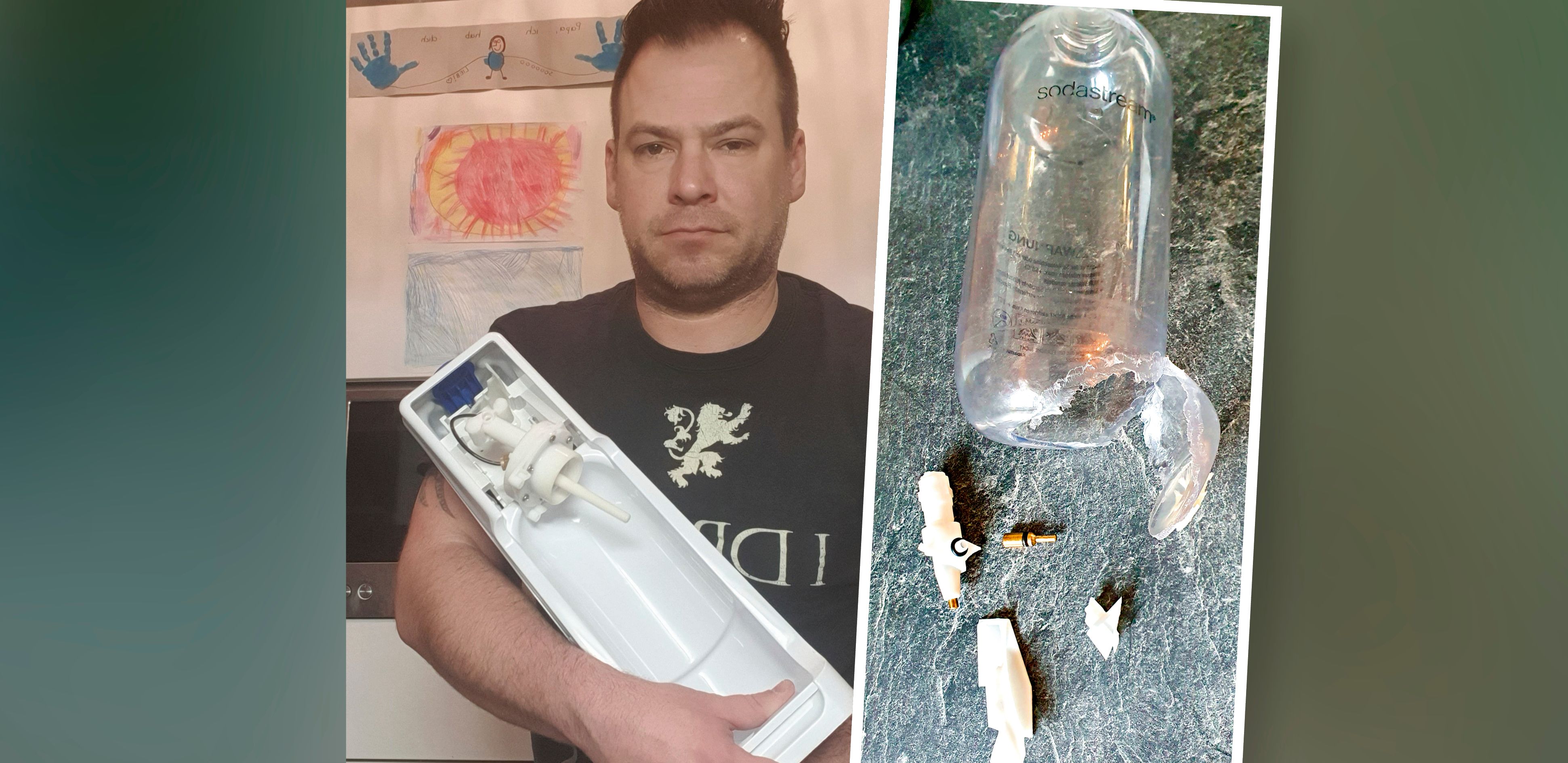 Der Wiener Alexander G. (43) mit den Überresten des kaputten Sprudlers