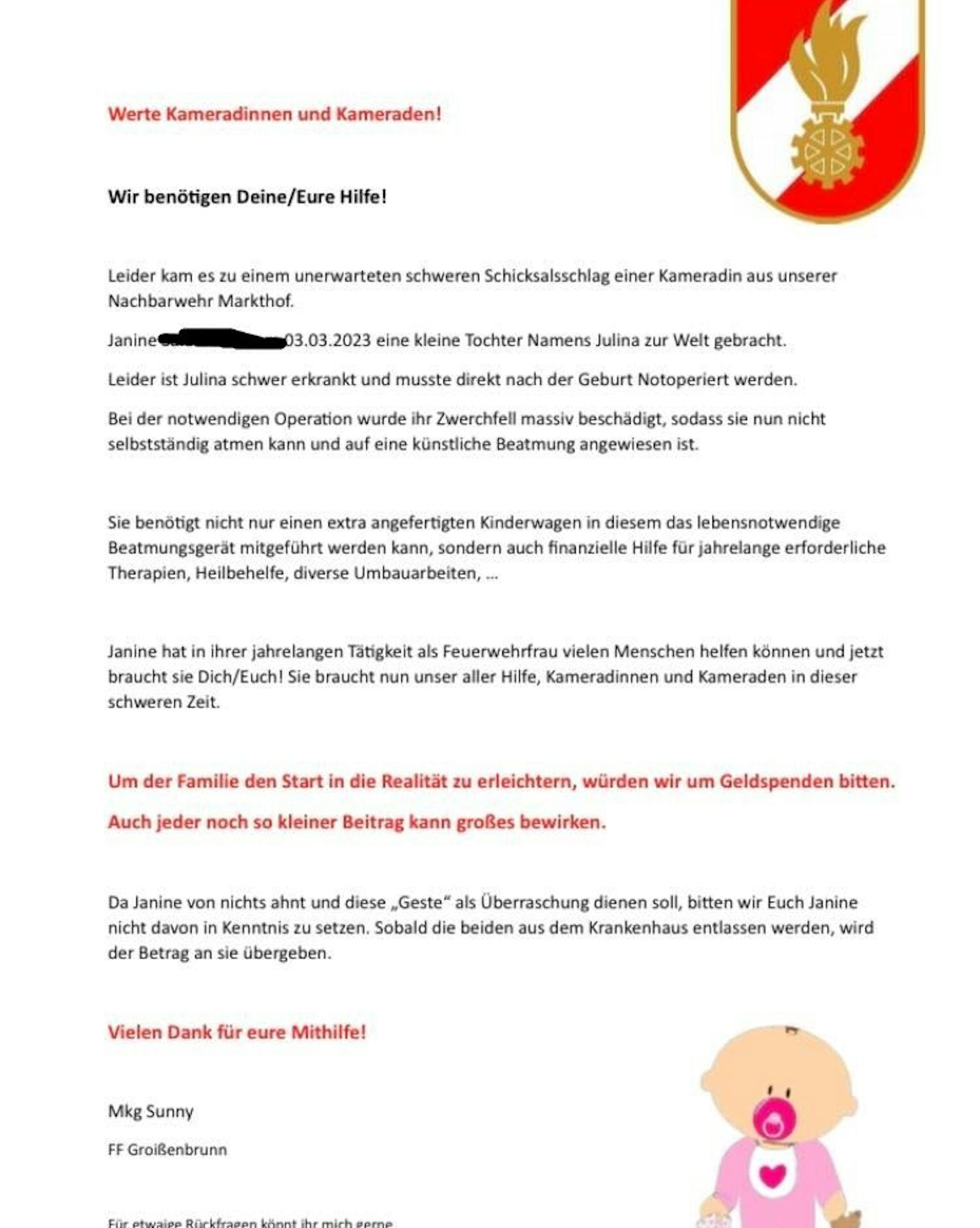 Die Feuerwehr Groißenbrunn sammelt Spenden für die Familie.