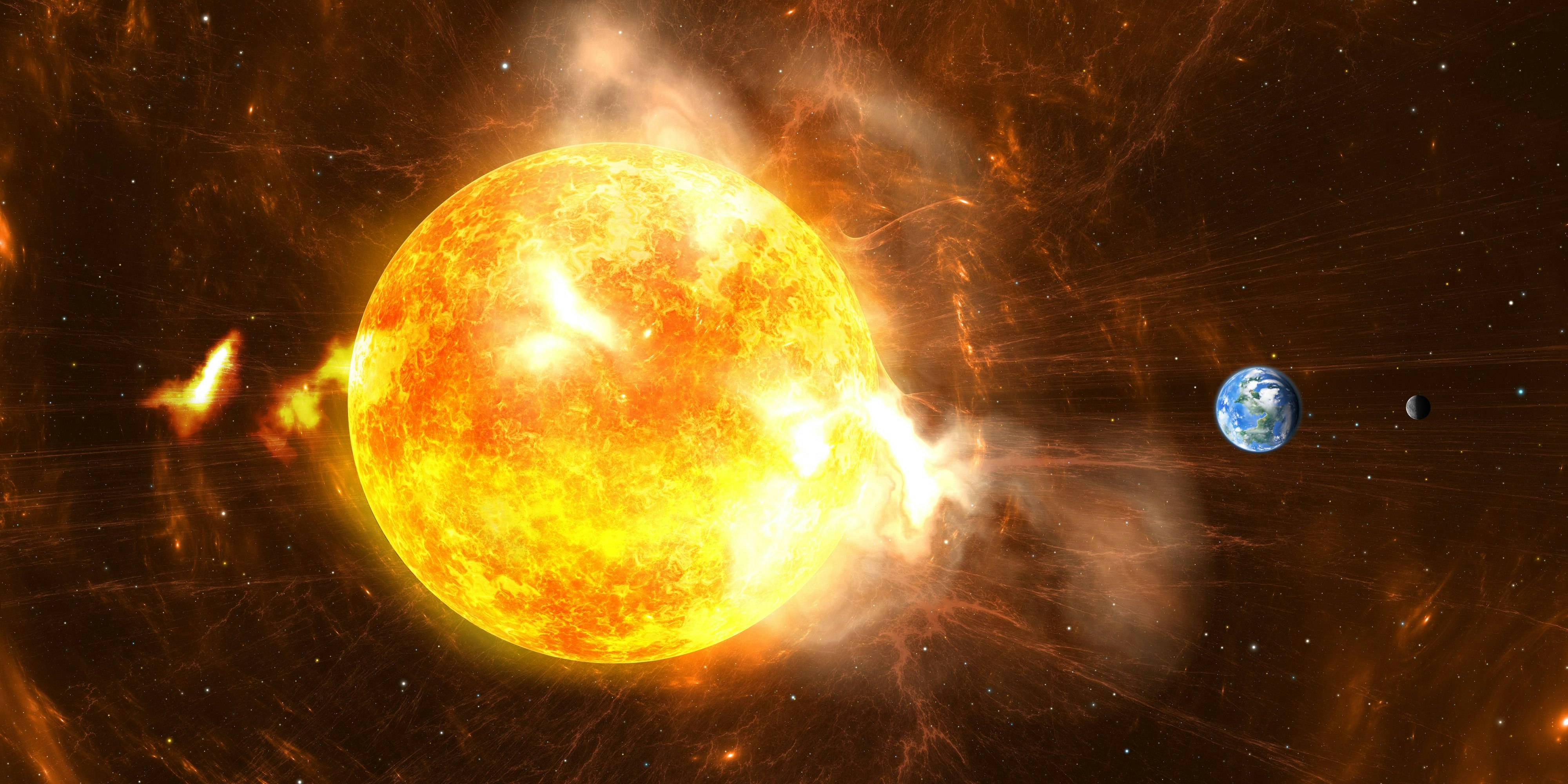 Giant Solar Flares. Sun producing super-storms and massive radiation bursts. All elements made by me