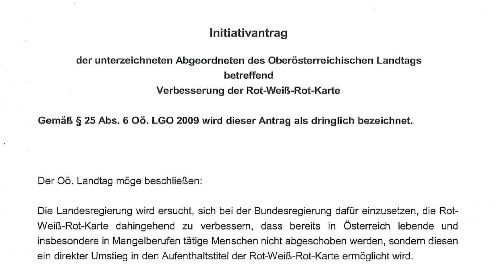 Der von Grünen und Neos im Landtag eingebrachte Initiativantrag zur "Verbesserung der Rot-Weiß-Rot-Karte".