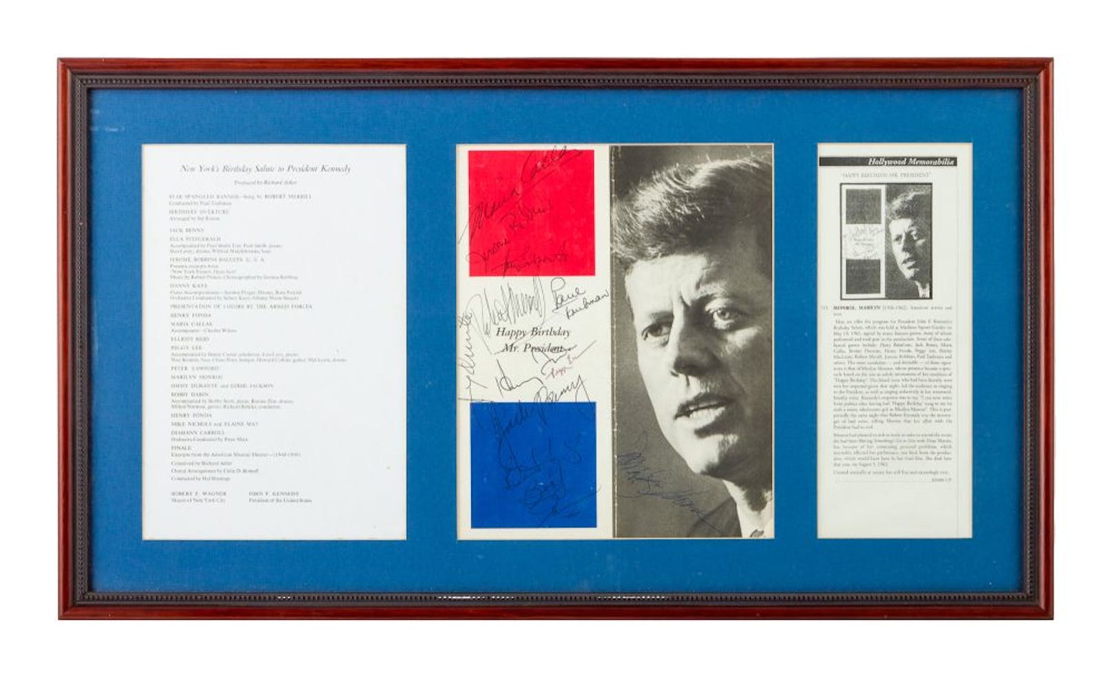 Ein von Marilyn Monroe und anderen Stars unterschriebenes Programmheft zur Geburtstagsfeier des damaligen US-Präsidenten John F. Kennedy kam für 89.000 Dollar unter den Hammer.