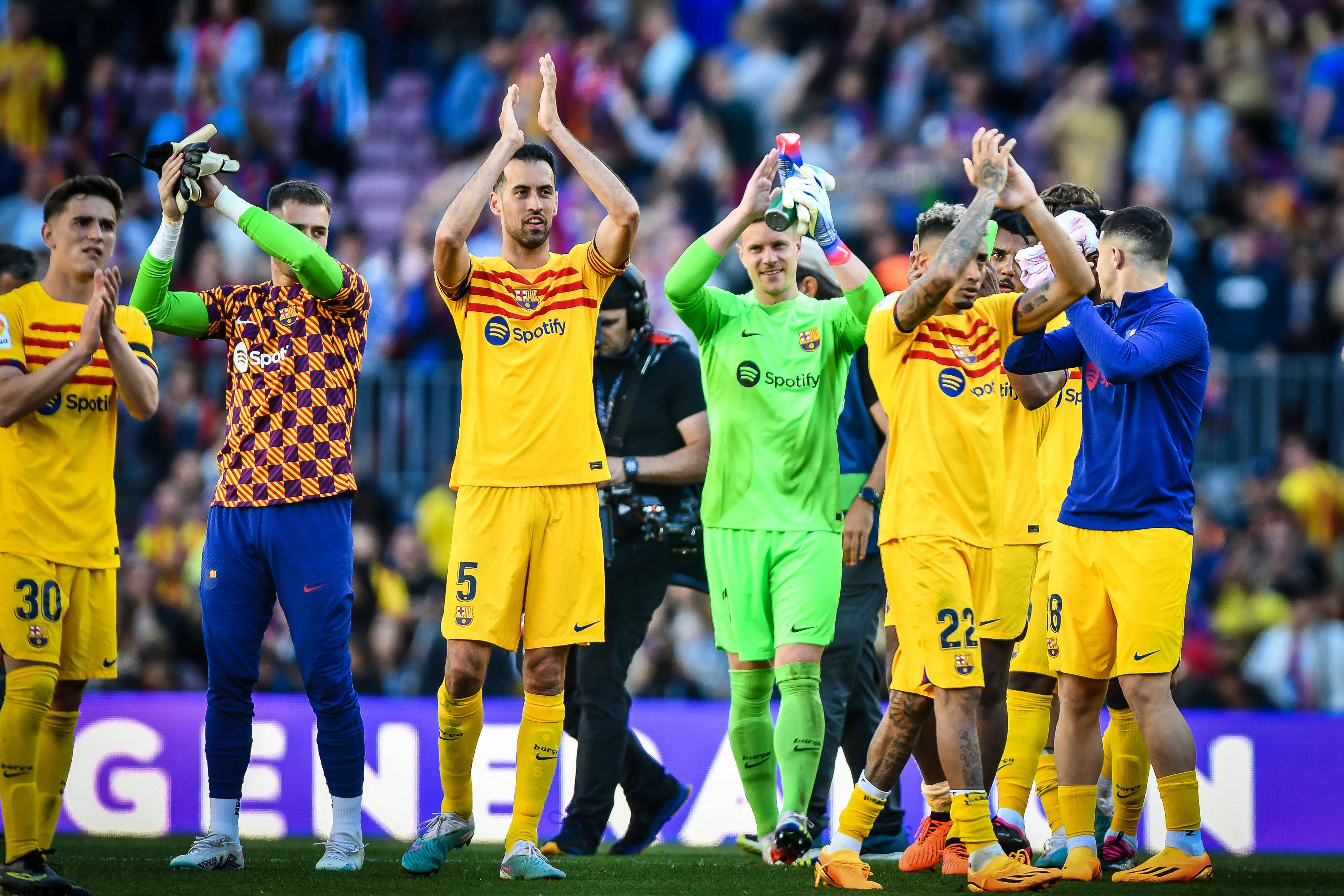 Spanish football La Liga match - FC Barcelona, Barca vs Atletico de Madrid Gavi FC Barcelona, Sergio Busquets FC Barcelona, Goalkeeper Marc-Andre ter Stegen FC Barcelona and Raphinha FC Barcelona during a La Liga Santander match between FC Barcelona and Atletico de Madrid at Spotify Camp Nou, in Barcelona, Spain on April 23, 2023. Photo / Felipe Mondino Bercelona Spotify Camp Nou Spain Copyright: xFelipexMondinox/xLiveMediax LPS_912396