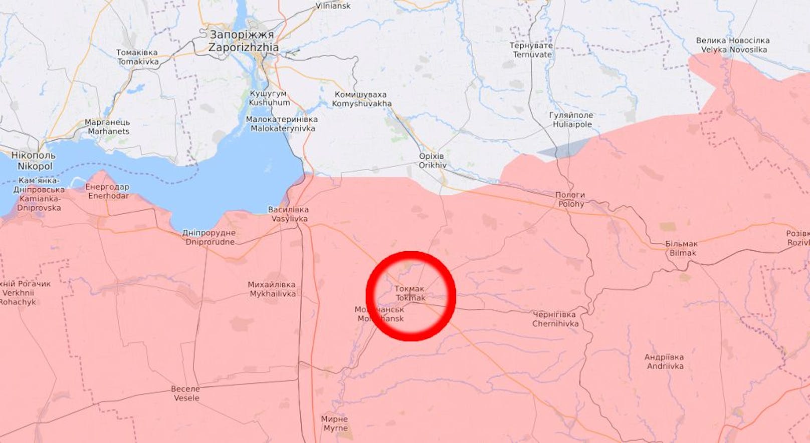 Die Lage der Stadt Tokmak (roter Kreis) in der Oblast Saporischschja. Rot eingefärbt, die von Russland besetzten Gebiete.