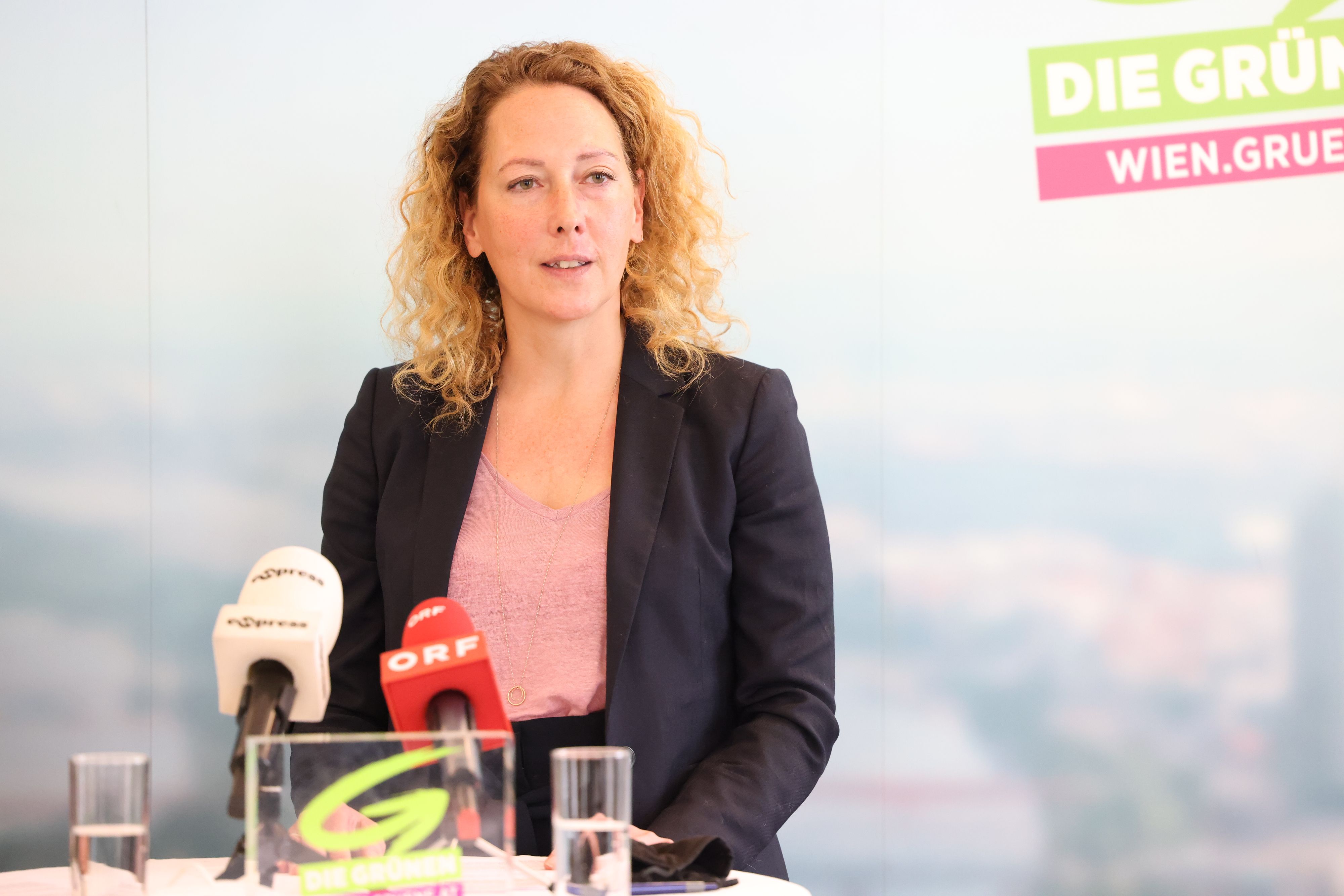 Die Grüne Parteivorsitzende Judith Pühringer präsentierte die Idee für ein "Grünes Wohngeld"