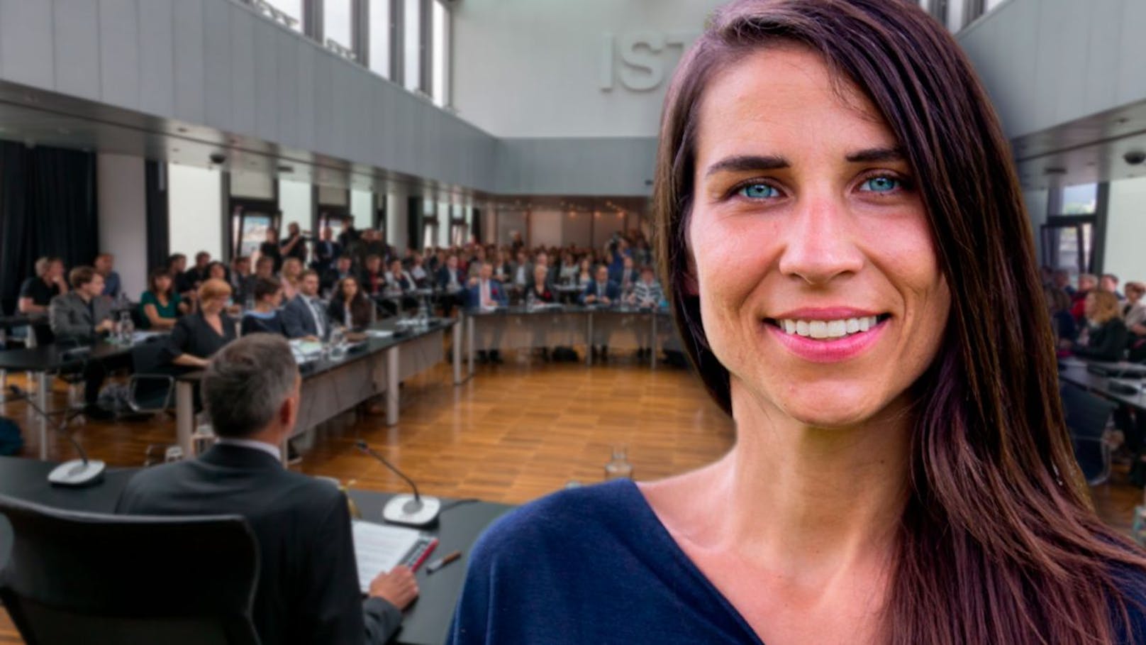 Janine Bex (Grüne). Im Hintergrund: Gemeinderat der Stadt Innsbruck bei der konstituierenden Sitzung im Jahr 2018.