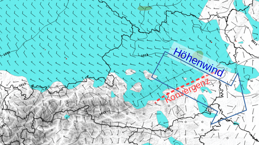 Eine bodennahe Windkonvergenz fördert die Entstehung von Gewittern. Eine schwache Konvergenz liegt am Samstagnachmittag quer über dem Mostviertel, eine weitere, stärker ausgeprägte im Bereich des Grazer Berglands.