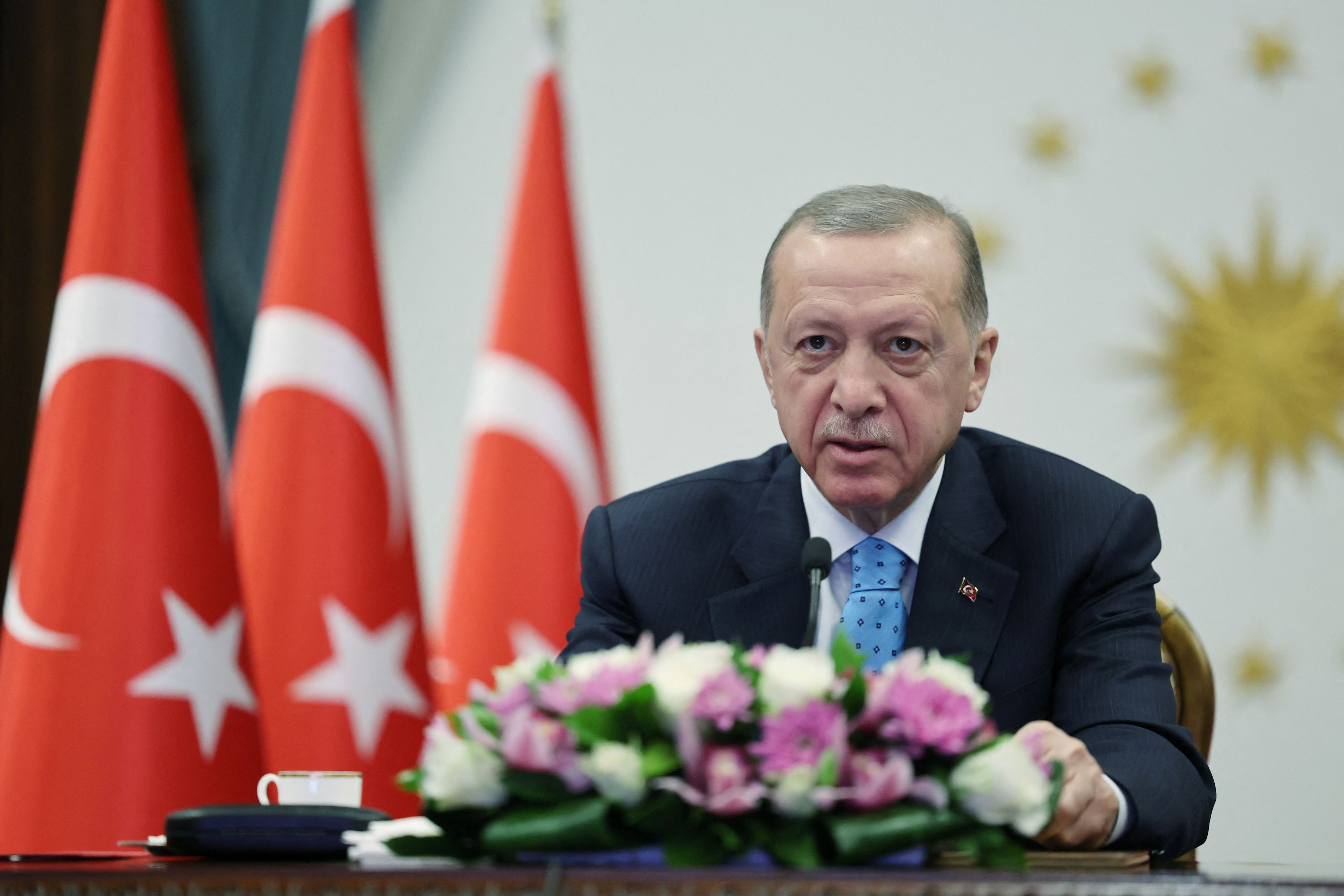Turkish President Tayyip Erdogan attends a ceremony to mark the delivery of nuclear fuel to Turkey's Akkuyu nuclear power plant, which is being built by Russia, in Ankara, Turkey, April 27, 2023. Murat Cetinmuhurdar/PPO/Handout via REUTERS THIS IMAGE HAS BEEN SUPPLIED BY A THIRD PARTY. NO RESALES. NO ARCHIVES