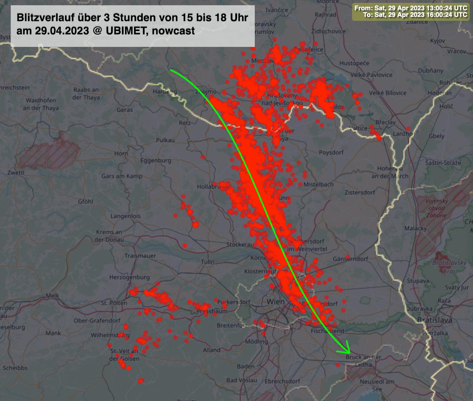 Blitzverlauf über 3 Stunden bis 18 Uhr