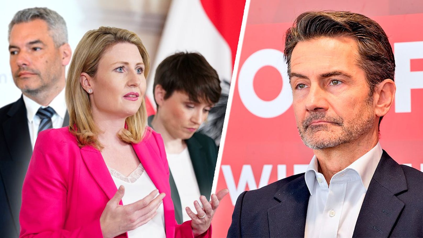 Die Regierung – im Bild links Kanzler Karl Nehammer, Medienministerin Susanne Raab und Grünen-Klubobfrau Sigi Maurer – soll zu viel Einfluss auf den ORF (hier: Generaldirektor Roland Weißmann) haben.