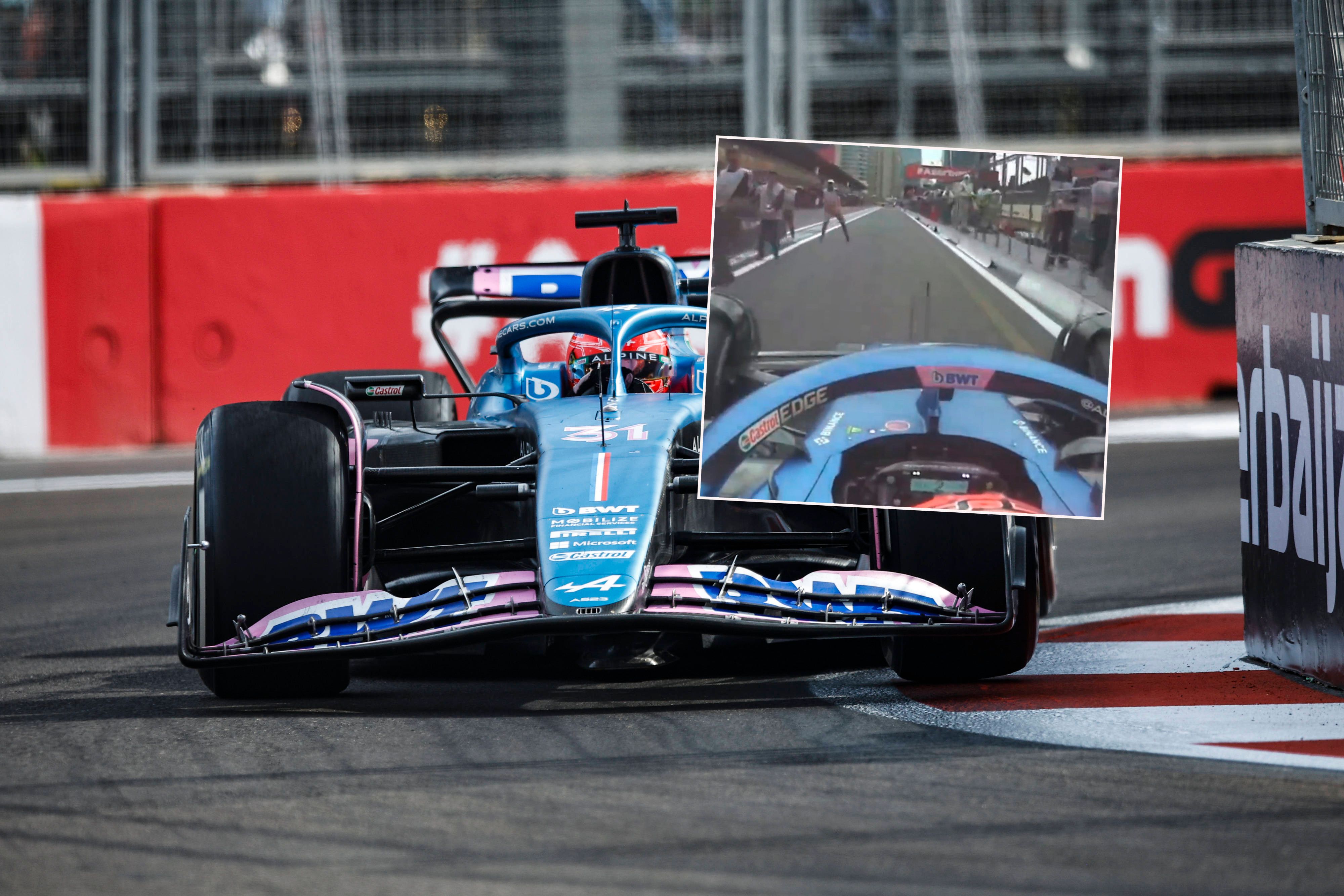 Die Fotografen retten sich vor dem heranbrausenden Ocon.