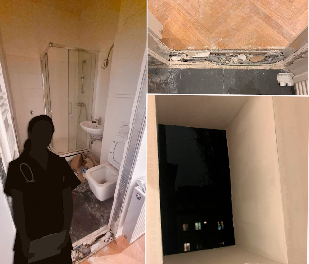 Die Wienerin Medizinerin Nicola F. wurde Opfer eines Bau-Pfusches. Arbeiter hinterließen u.a. Löcher in der Wand (re.), im Boden (o. re.) und ein unfertiges WC, bevor sie verschwanden.