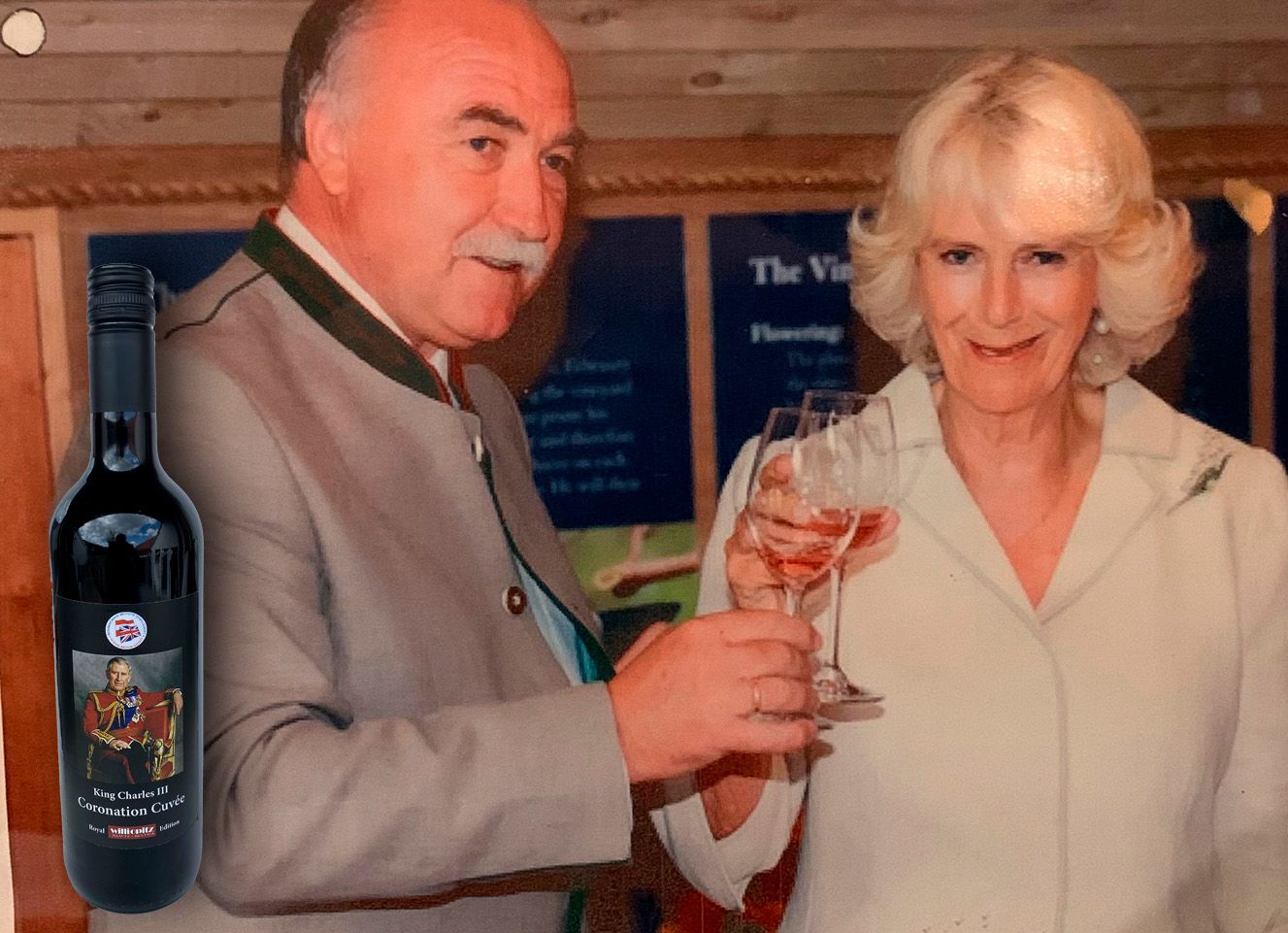 Willi Opitz und Camilla lernten sich in England über den Wein kennen. Nun hat der Winzer für sie und Charles den "Coronation Cuvée" (li.) kreiert.