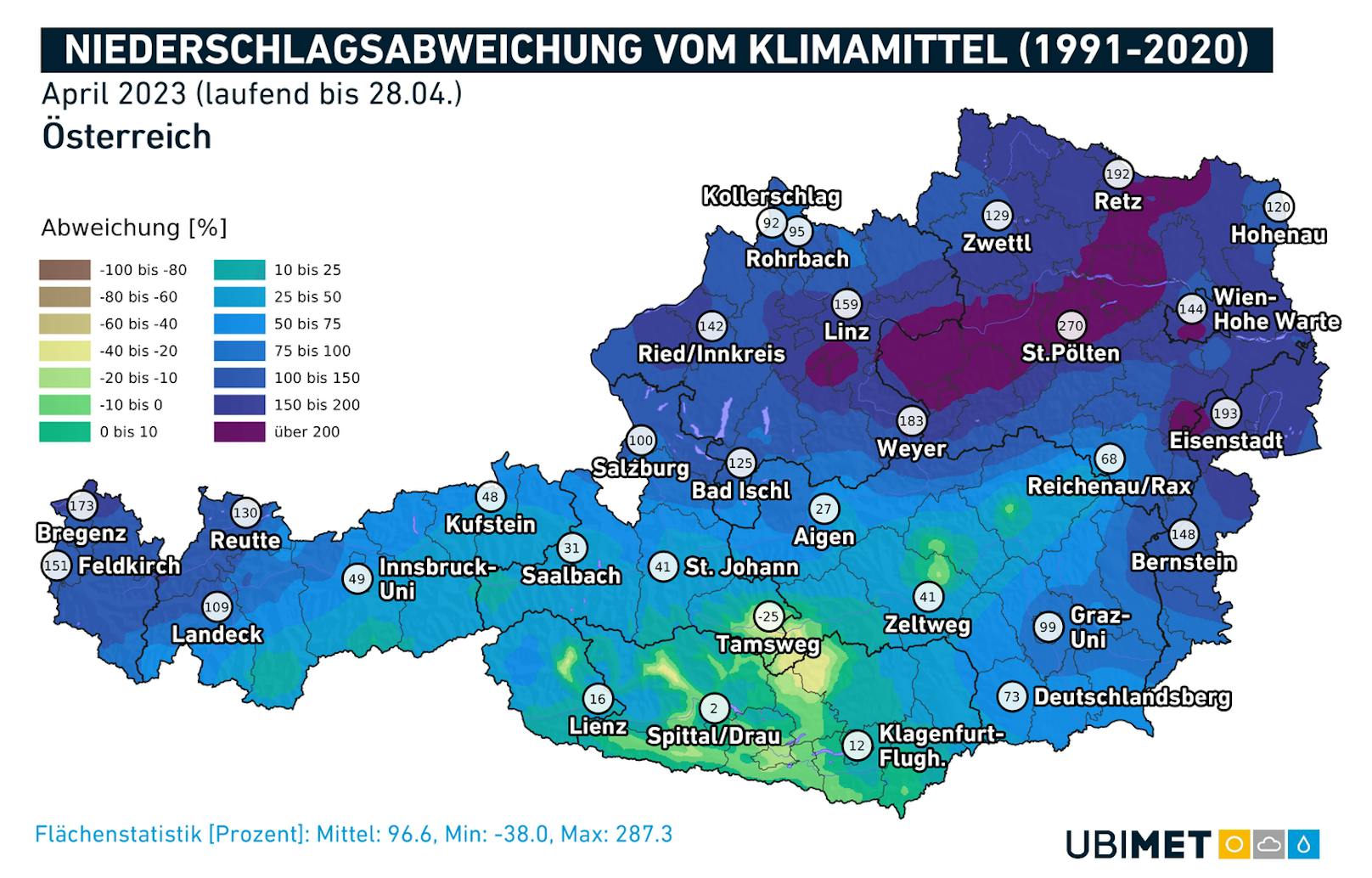 <strong>Niederschlag im April 2023</strong>: Die Abweichung vom langjährigen Mittel in Prozent. (Vorläufige Bilanz bis 28. des Monats)