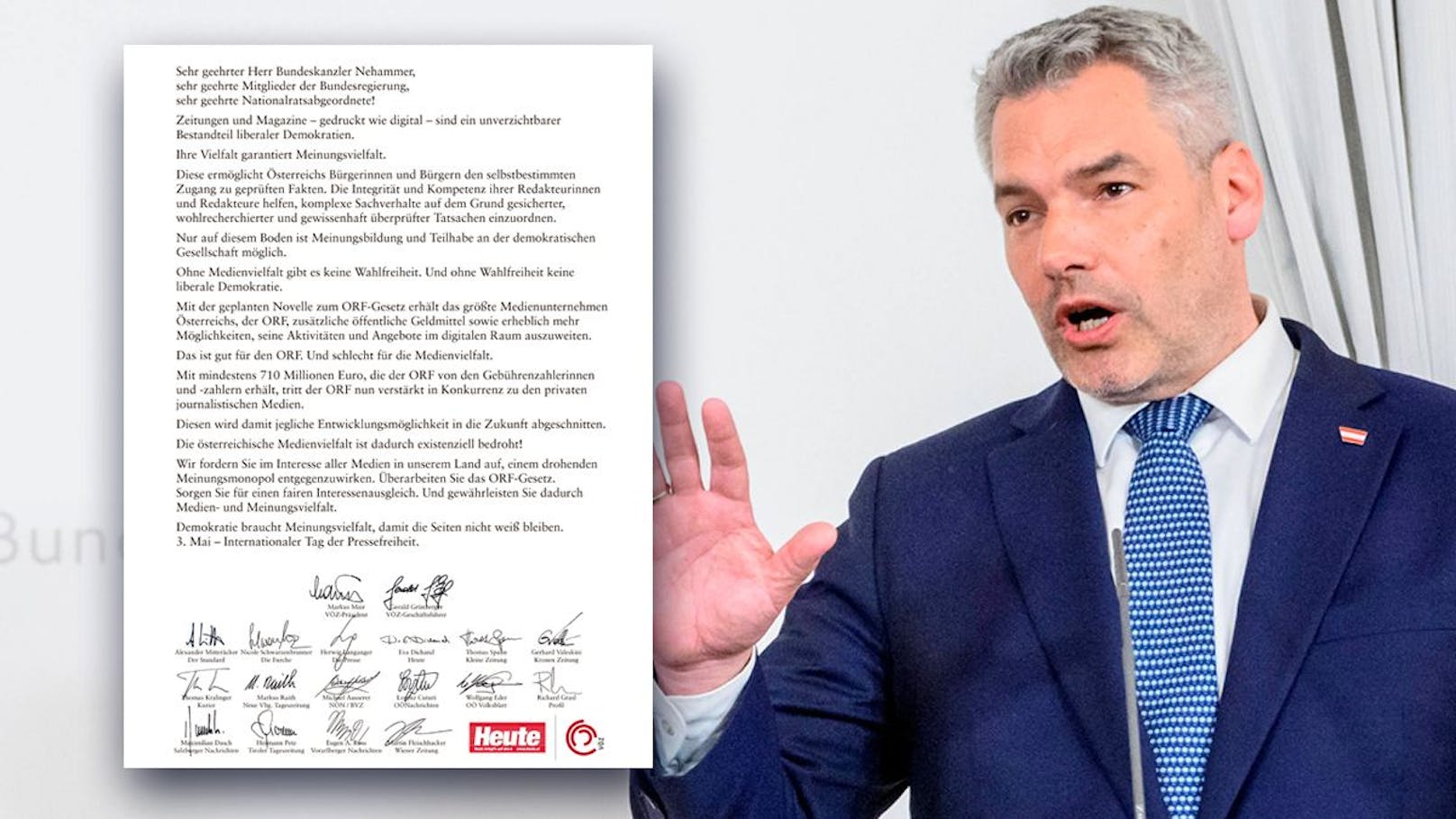 Neues ORF-Gesetz: Die österreichischen Zeitungsverlage wenden sich in einem offenen Brief an Bundeskanzler Karl Nehammer.