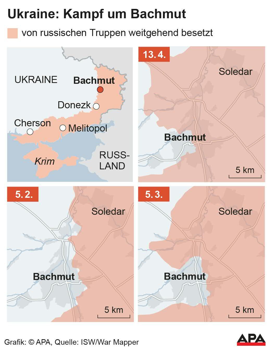 Diese Grafik zeigt, in welchem Zeitabschnitt die Eroberung von Bachmut voranschritt. 