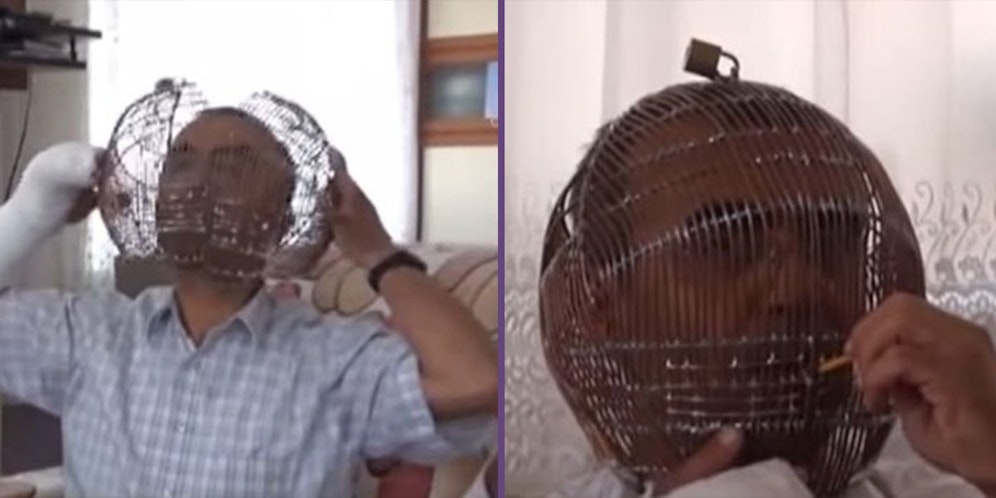 Ibrahim Yücel (Bild) baute sich den Käfig selbst. Er macht es unmöglich, eine Zigarette zu rauchen oder ordentlich zu essen. Getrunken wird mit Strohhalm.