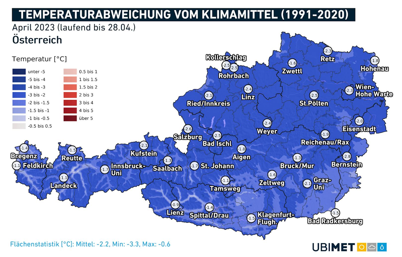 <strong>Temperaturen im April 2023</strong>: Die Abweichung vom langjährigen Mittel in Grad. (Vorläufige Bilanz bis 28. des Monats)