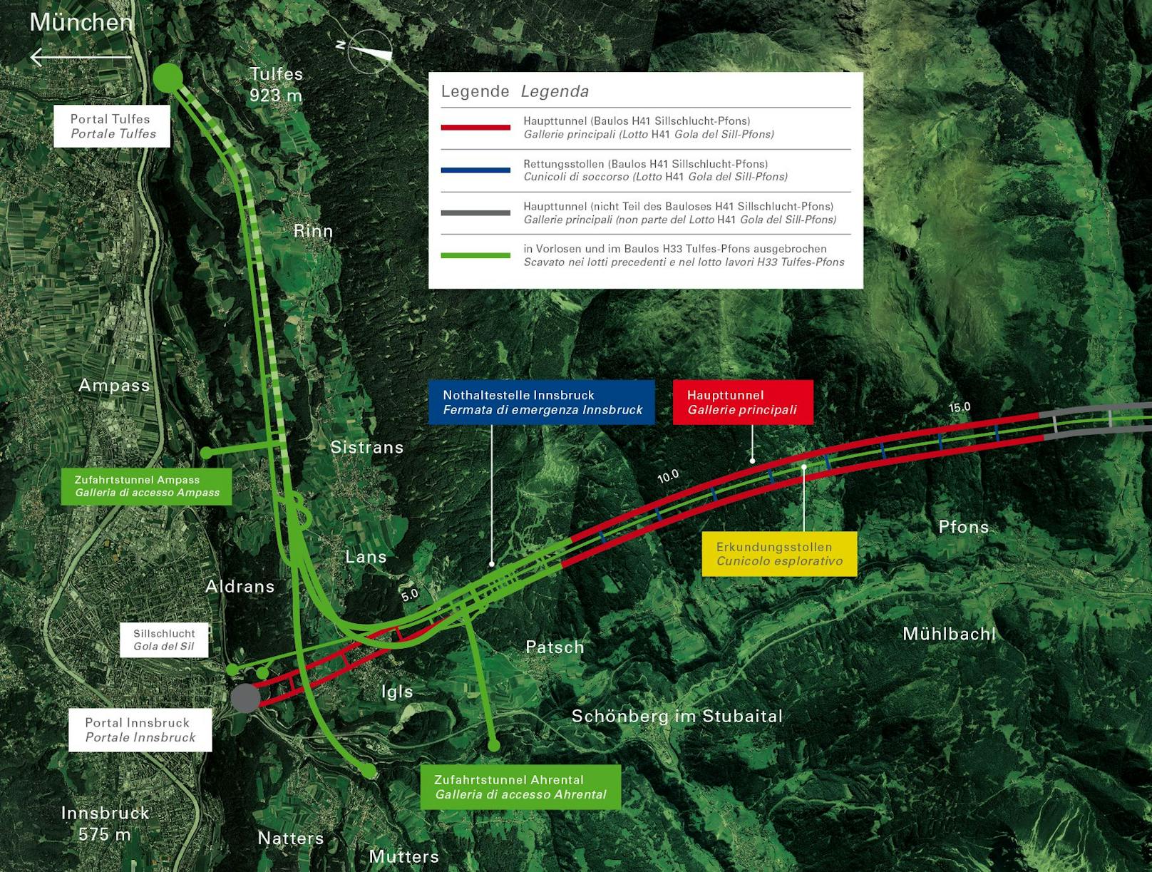 Der Brenner Basistunnel verläuft zwischen <strong>Innsbruck (Österreich) und Franzensfeste (Italien)</strong> auf einer Länge von 55 km.