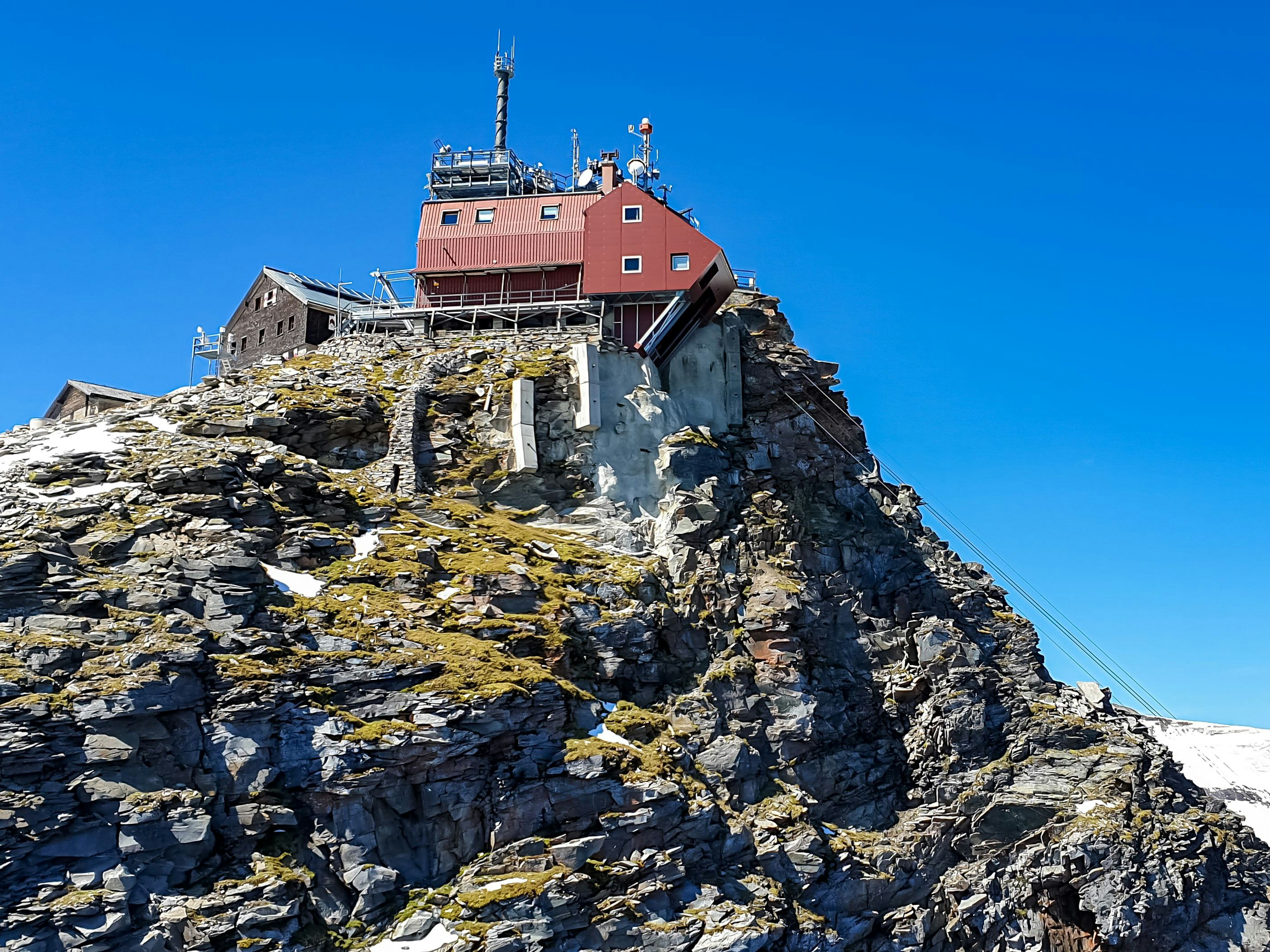 Panoramic view on the Zittelhaus Sonnblick Observatory on the summit of Hoher Sonnblick in the High Tauern Alps in Carinthia, Salzburg, Austria, Europe. Goldberg group in the Hohe Tauern National Park