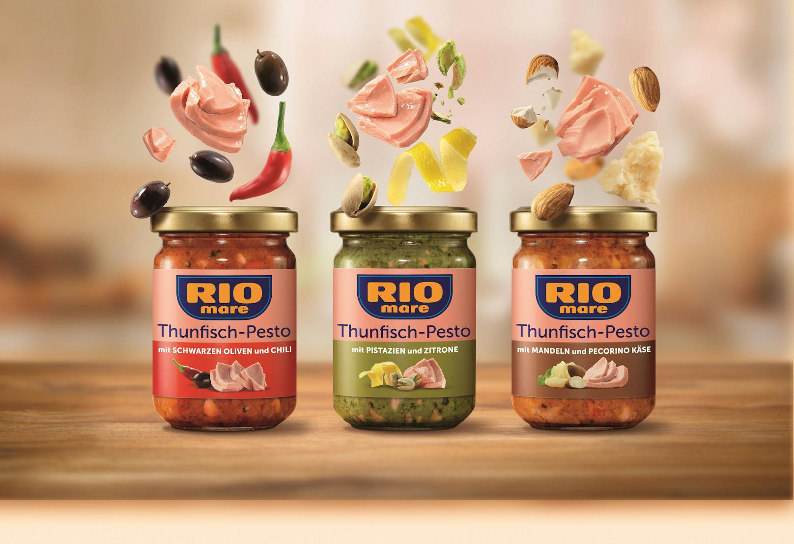 Rio Mare Thunfisch-Pesto gibt es in den Geschmackssorten Mandeln und Pecorino Käse, schwarzen Oliven und Chili sowie Pistazien und Zitrone.