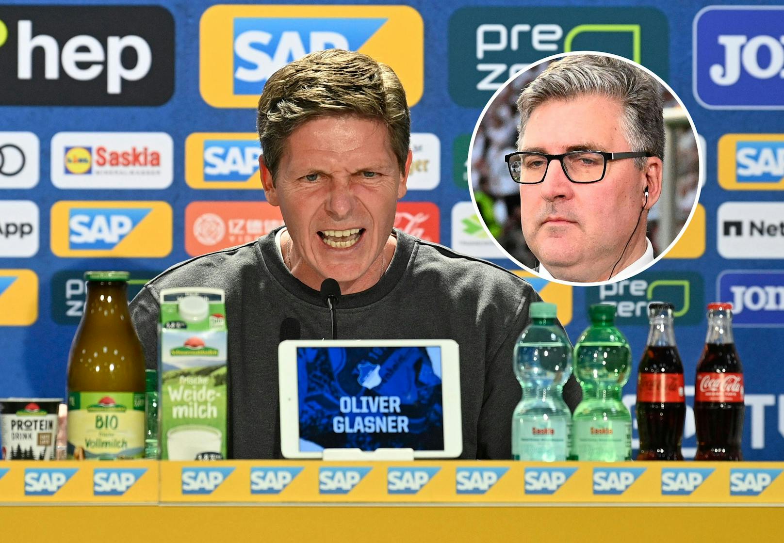 Eintracht-Vorstand Hellmann (r.), Coach Oliver Glasner