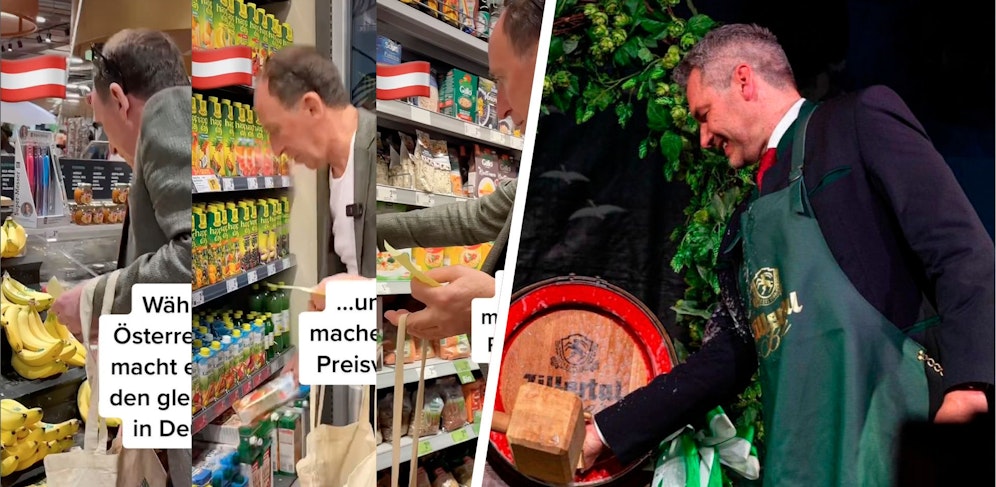 Prost & Mahlzeit: Minister Johannes Rauch bei einer Exkursion in den Supermarkt; der Kanzler nahm einen Bieranstich vor.