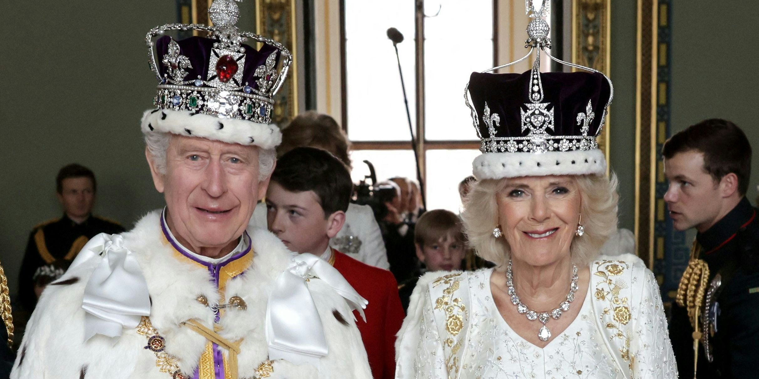 In This handout image released by Buckingham Palace, King Charles III and Queen Camilla pose and smile after their Coronation, at Buckingham Palace on May 06, 2023 in London, England. Chris Jackson/Buckingham Palace/Handout via REUTERS ATTENTION EDITORS - THIS IMAGE HAS BEEN SUPPLIED BY A THIRD PARTY. MANDATORY CREDIT. NO RESALES. NO ARCHIVES. NEWS EDITORIAL USE ONLY. IMAGES MAY ONLY BE USED IN RELATION TO THE CORONATION OF KING CHARLES III. NO COMMERCIAL USE. THE IMAGE SHALL NOT BE USED AFTER 0001hrs, MONDAY 22nd MAY.  NO SALES. The image must not be digitally enhanced, manipulated or modified in any manner or form.