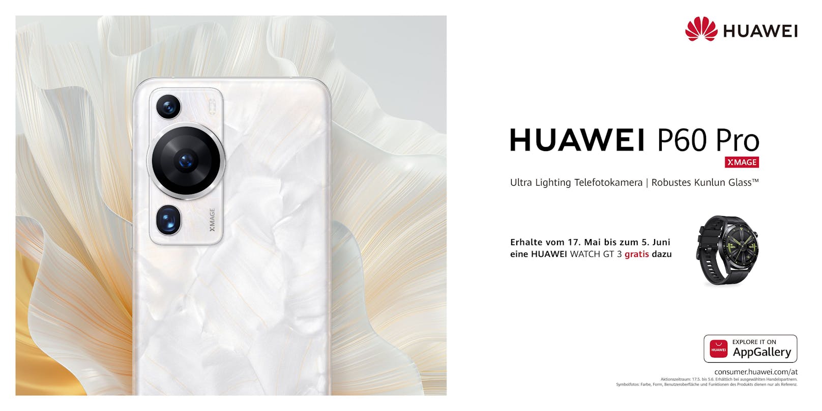 HUAWEI P60 Pro Smartphone: Zum Start am 17. Mai 2023 gibt es die HUAWEI Watch GT 3 kostenlos dazu.