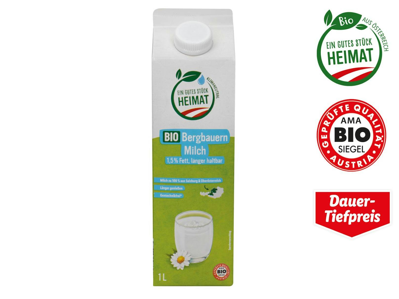 Ein Liter Bio Bergbauern Milch kostet statt 1,65 Euro nur noch 1,55 Euro.