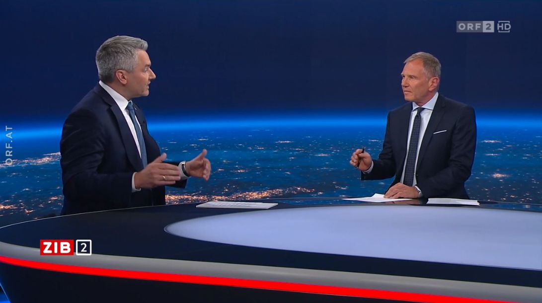 Kanzler Karl Nehammer am 10. Mai 2023 zu Gast in der ZIB2 mit Armin Wolf.