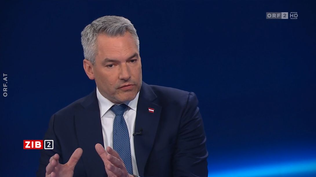 Kanzler Karl Nehammer am 10. Mai 2023 zu Gast in der ZIB2 mit Armin Wolf.