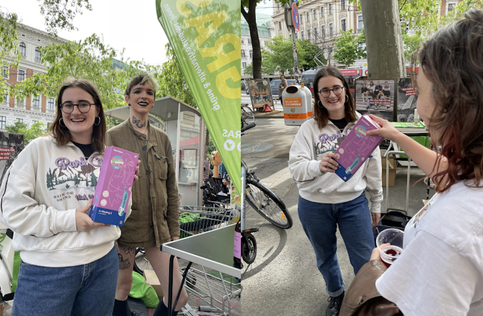 Die GRAS verteilten am Donnerstag vor der Wiener Hauptuni Vibratoren.