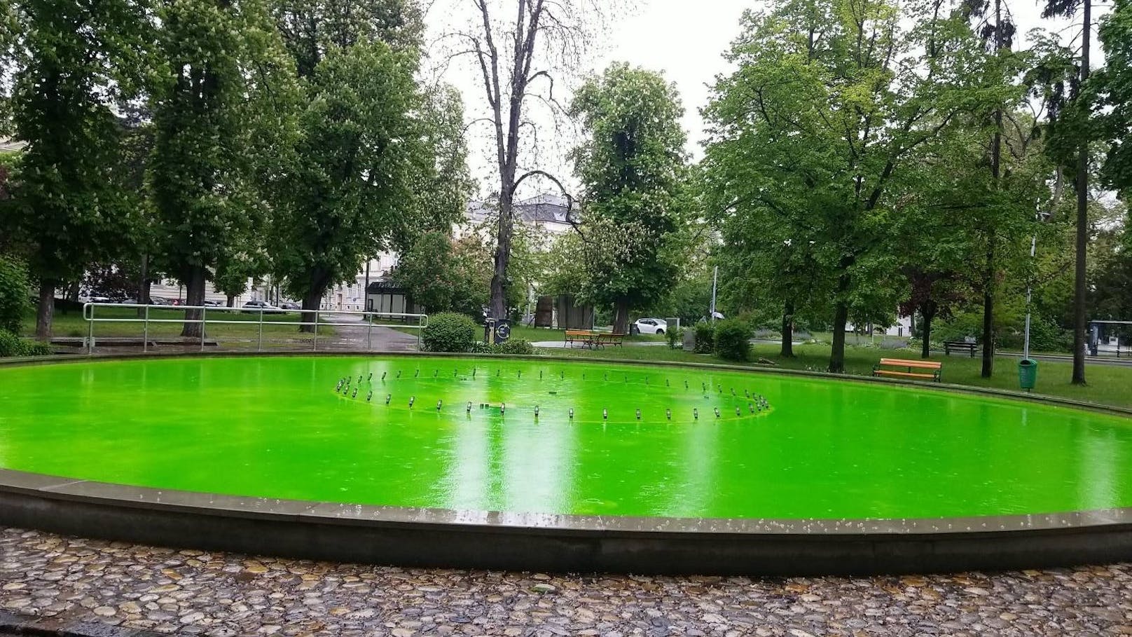 Der Springbrunnen im Kremser Stadtpark ist jetzt grün.