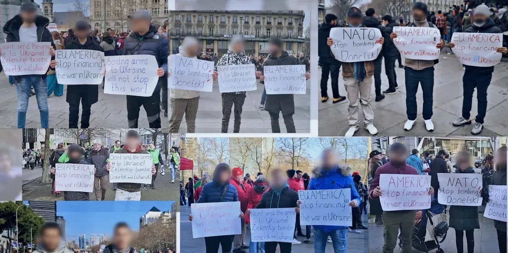 Die Fotos zeigen angebliche ukrainische Demonstranten – ihre Plakate weisen die immer selben Parolen auf, die Stimmung gegen den Westen und seine Partner machen sollen.&nbsp;
