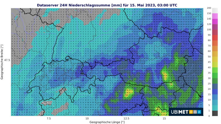 Prognose der aufsummierten Regenmenge über 24 Stunden bis Montagfrüh
