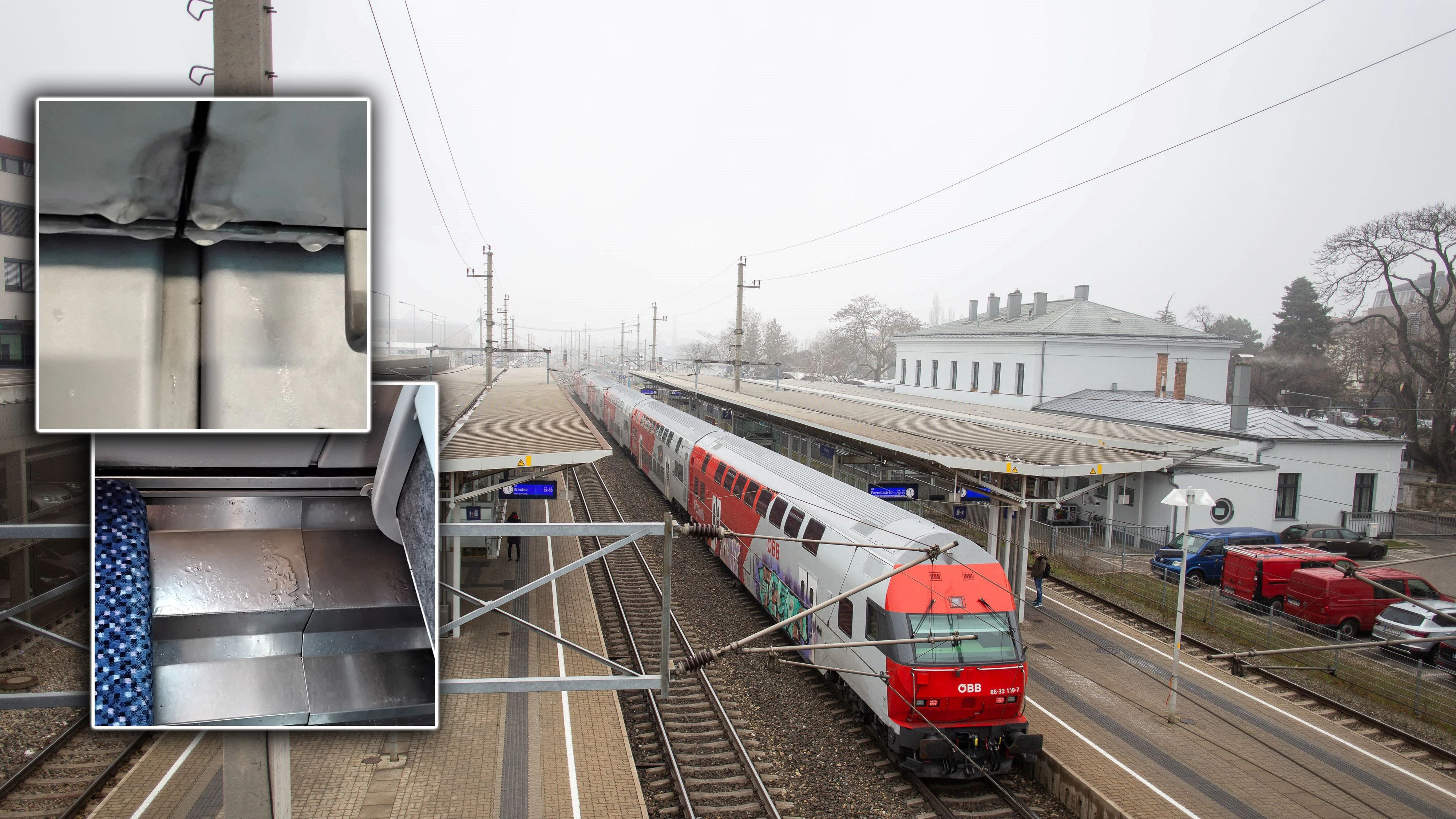 Frau fährt bei Regen mit ÖBB-Zug, wird trotzdem nass