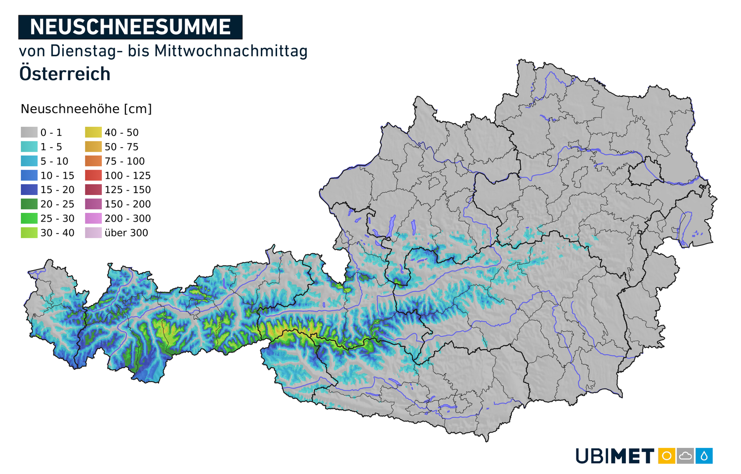 Neuschneesumme von Dienstag bis Mittwoch