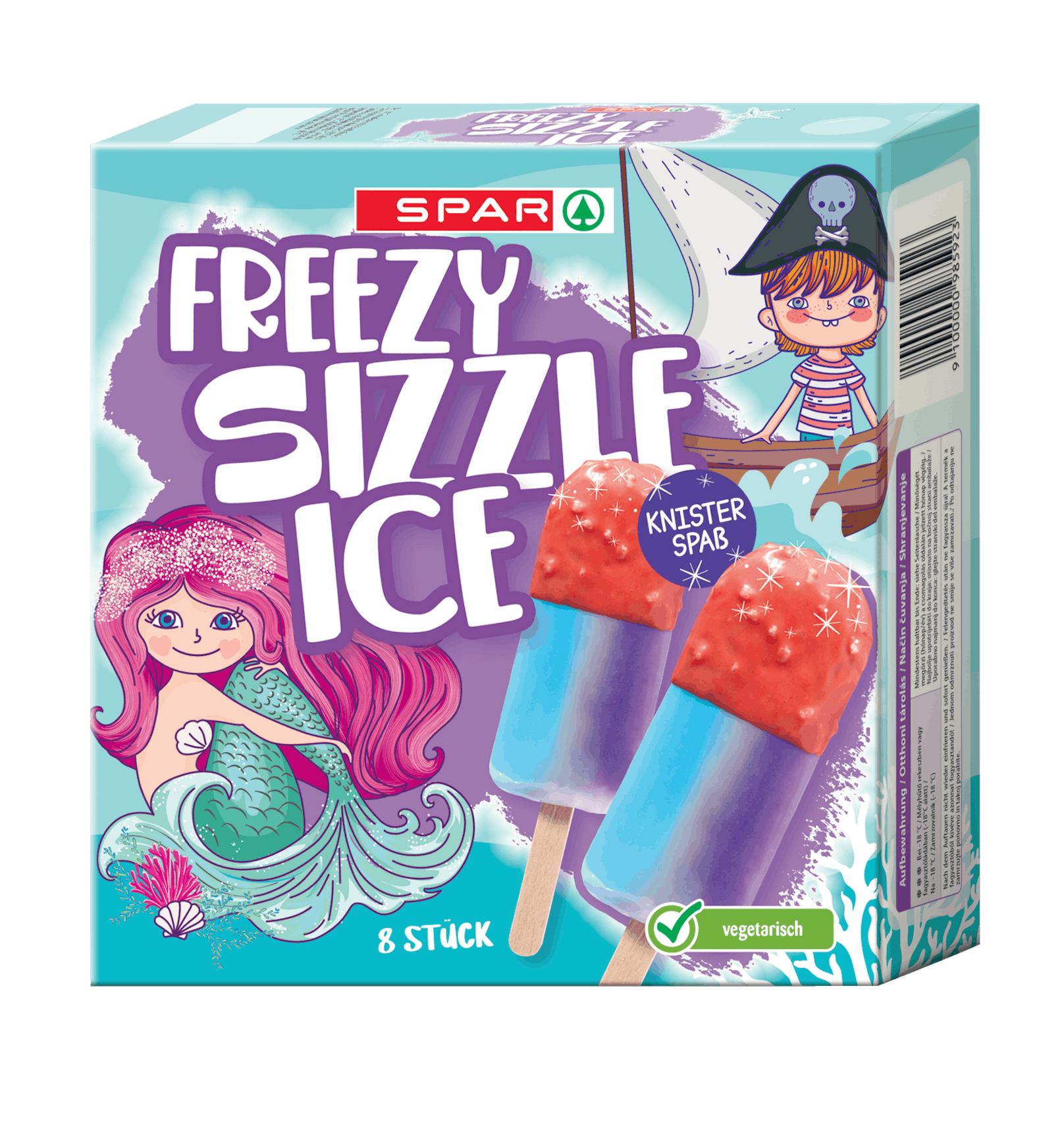 Ein Highlight des Spar Freezy Sizzle-Eis mit Himbeer- Limette- und Johannisbeerengeschmack ist der Knisterspaß. Die Packung beinhaltet 8 Stück und ist für 2,49 Euro erhältlich.