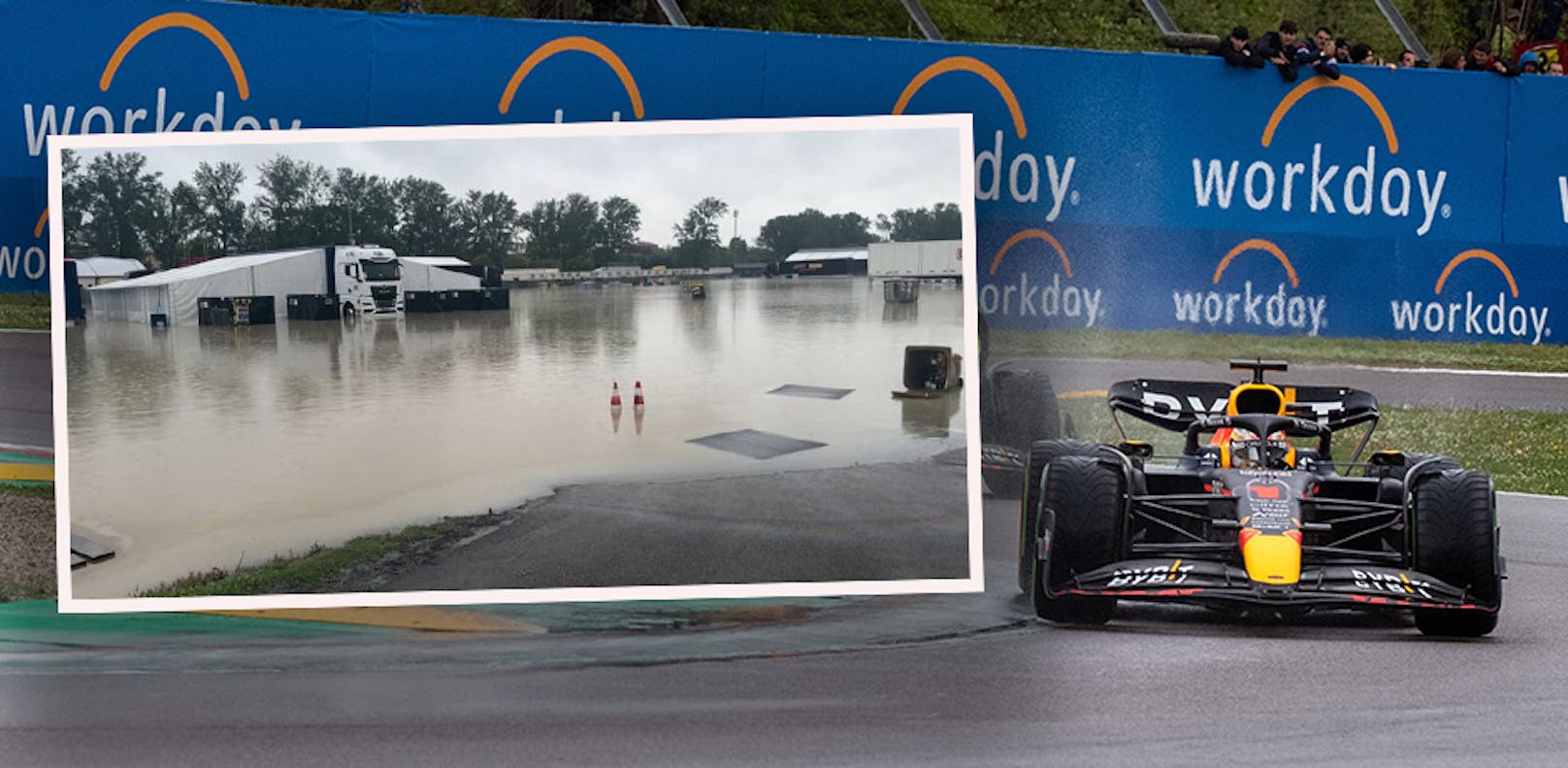 Der Dauerregen in Imola hat bereits einen Teil des Fahrerlagers überflutet. 