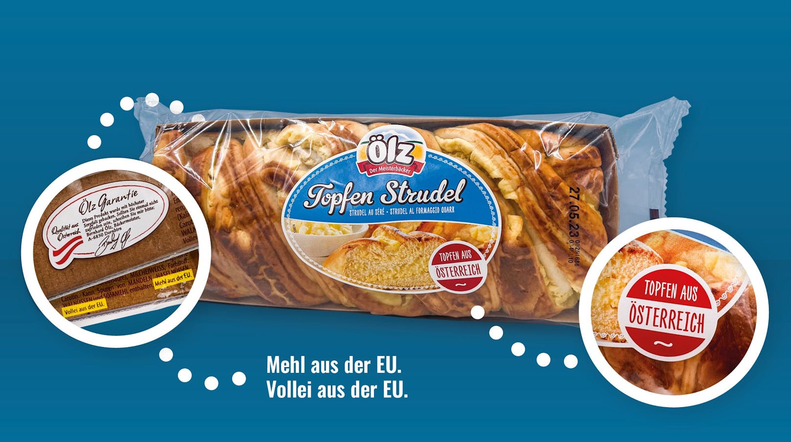 Die Firma Ölz verwendet diesen beliebten Marketing-Trick: Da eine wichtige Zutat für den Topfenstrudel – nämlich der Topfen – aus Österreich stammt, darf Ölz die Fahne verwenden. Wer genauer hinschaut, sieht dann aber, dass weitre wichtige Zutaten, nämlich Mehl und Vollei, aus der EU stammen. Das Produkt hat außer dem Topfen wohl nicht viel Heimisches zu bieten.