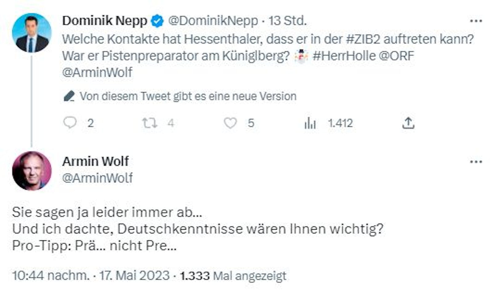 Armin Wolf zofft sich mit Dominik Nepp auf Twitter, der besserte seinen Beitrag dann aus.